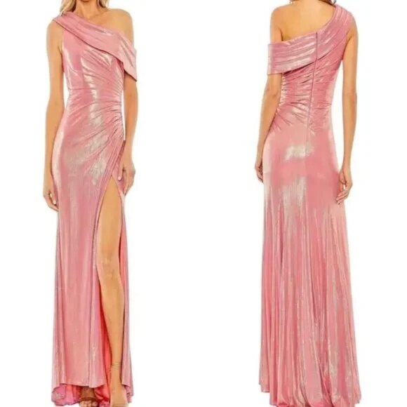 NWT Mac Duggal 27152 Metallic Pink Off Shoulder Gown Size 16